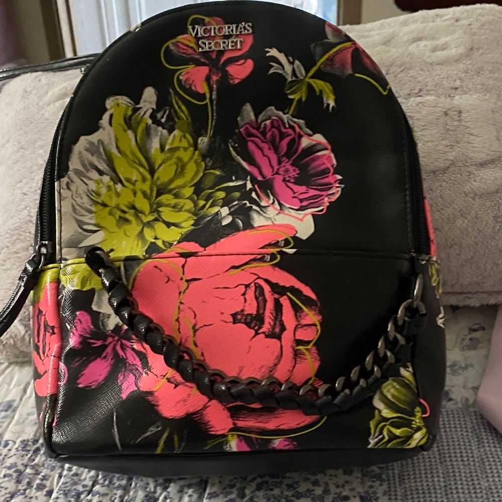Victoria's Secret Black Backpack with Bold Floral Design